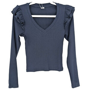 Womens Navy Ribbed Ruffle Sleeve V Neck Preppy Twee Coquette Cropped Shirt Small